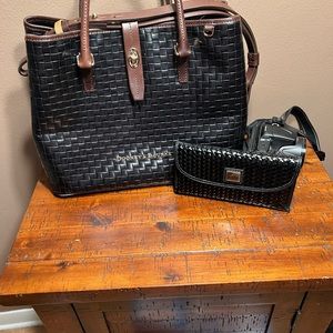 Dooney and Bourke basket weave purse with matching wallet and cosmetic bag